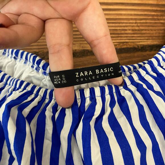 Zara Women's Blue White Striped Off the Shoulder Top Size Small Coastal Minimal - Picture 4 of 10